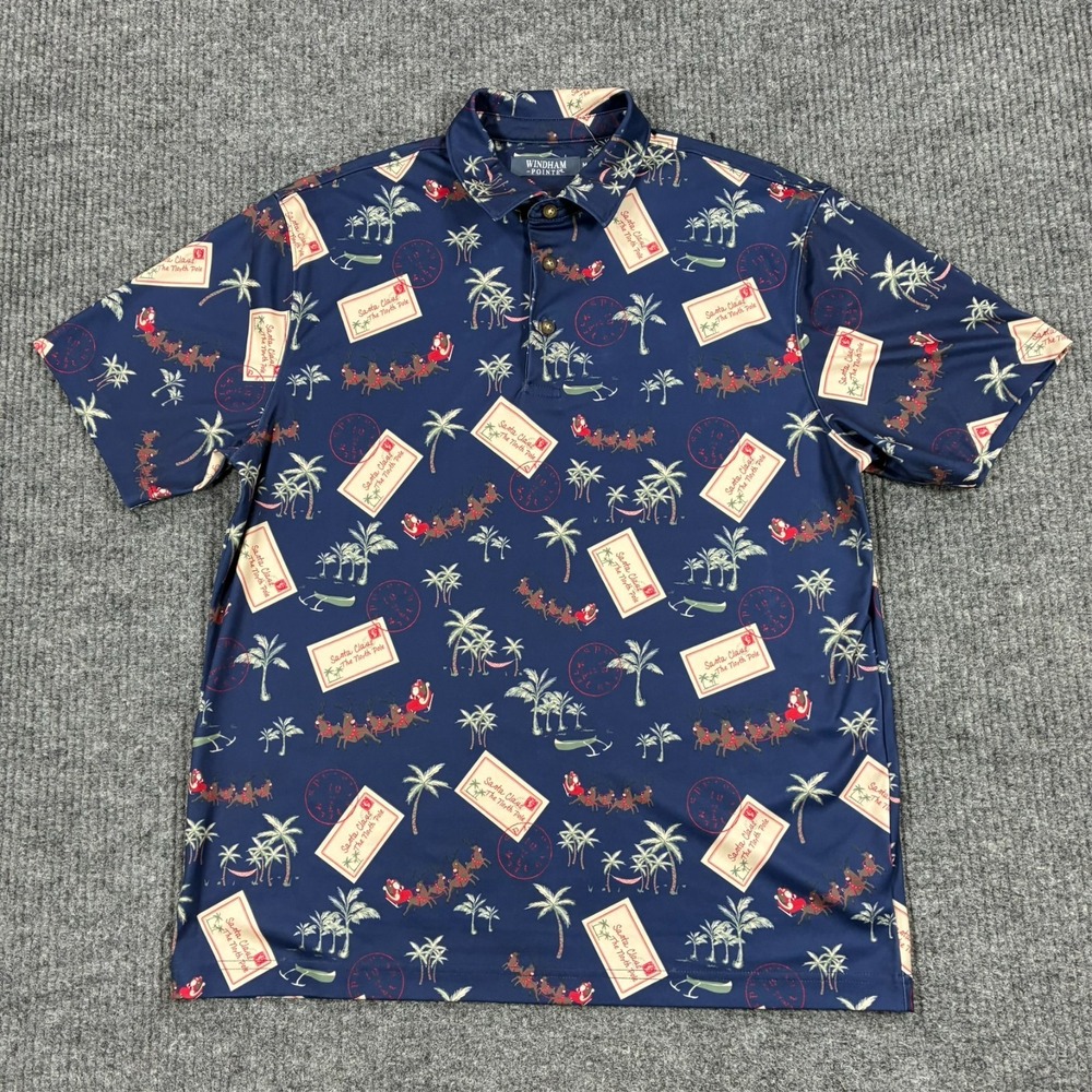 Windham Pointe Santa Claus North Pole Christmas Hawaiian Polo Shirt Mens M Blue